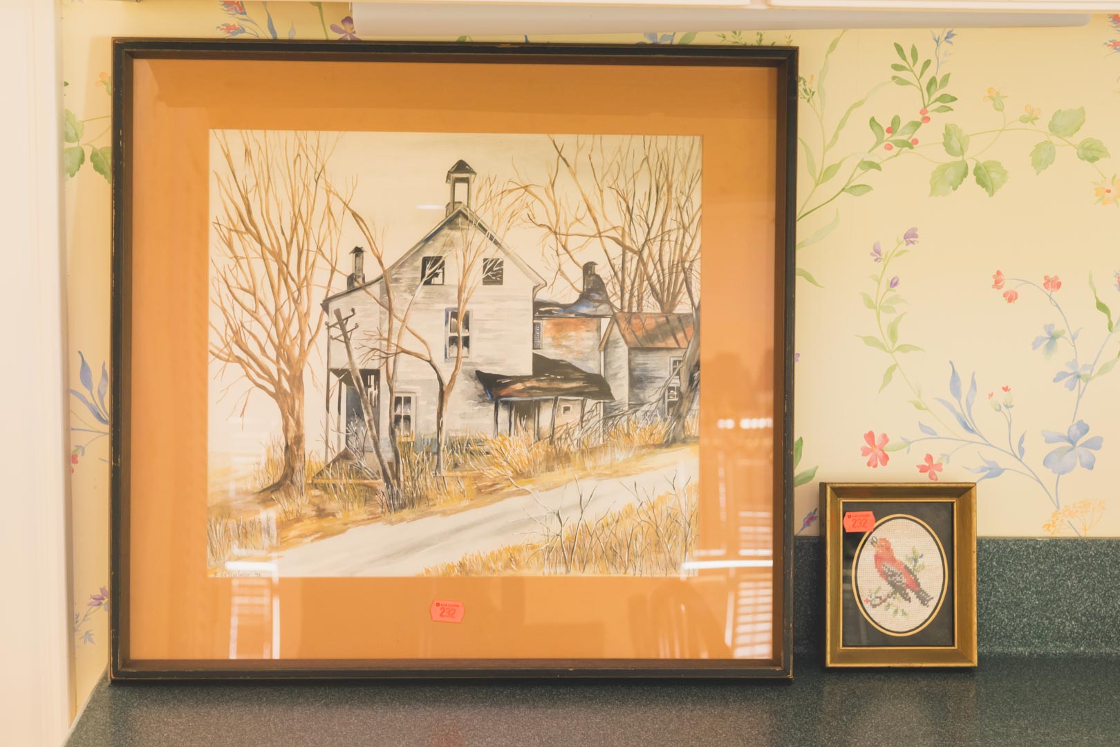 Appraisal: Gravelle Farmhouse watercolor signed framed along with diminutive needlepoint of