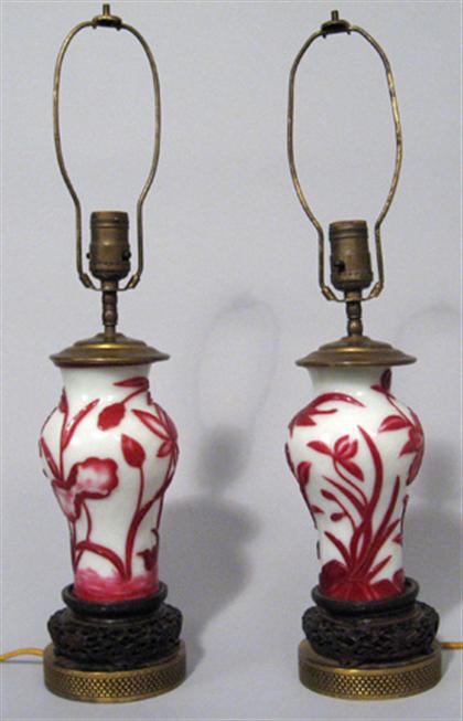 Appraisal: Pair of red on white glass overlay vases late th