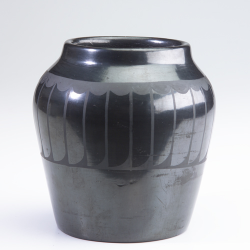 Appraisal: San Ildefonso black vase with matte glaze and decorative geometric