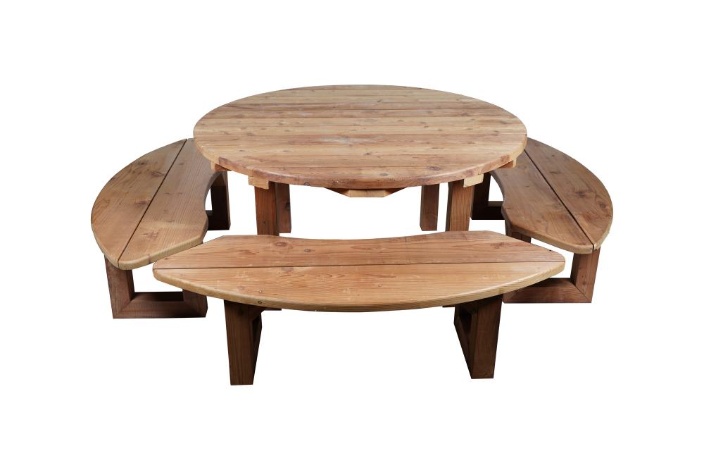 Appraisal: CIRCULAR REDWOOD PATIO TABLE FOUR BENCHESthe table inches diameter Condition