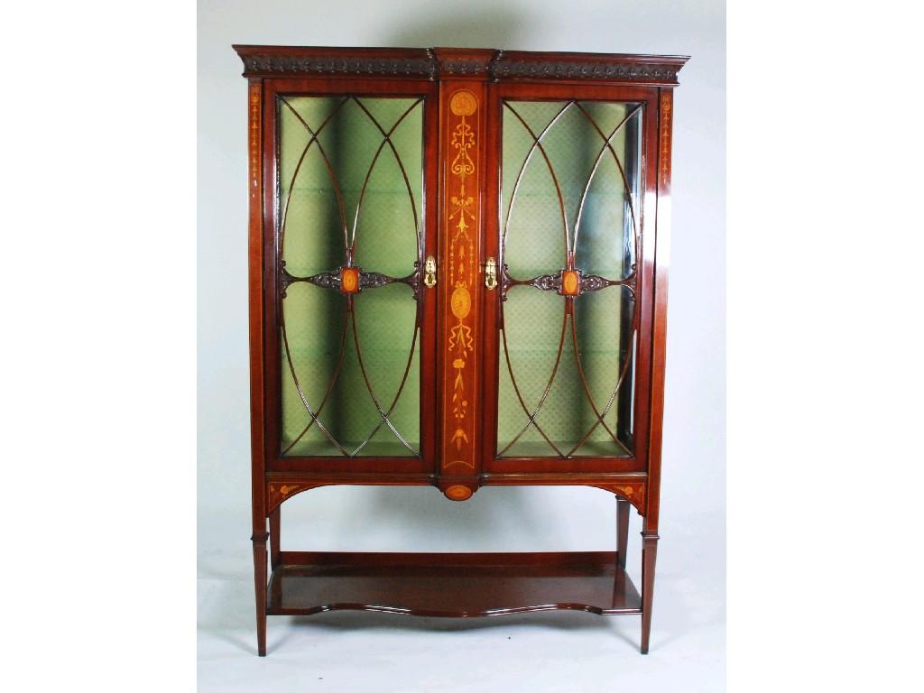 Appraisal: EDWARDIAN MARQUETRY and LINE INLAID MAHOGANY DISPLAY CABINET with oblong