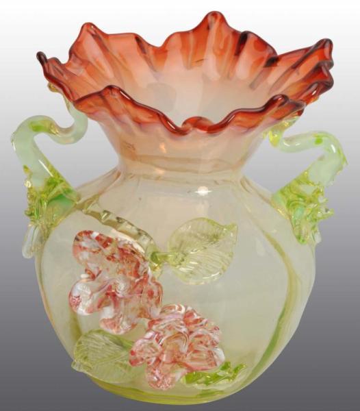 Appraisal: Art Glass Vase with Applied Hand-Blown Glass Description Cranberry top