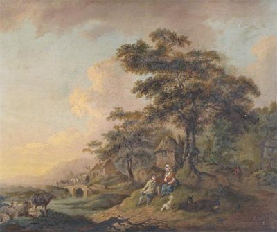 Appraisal: Circle of Julius Caesar Ibbetson Pastoral river landscapes with couples