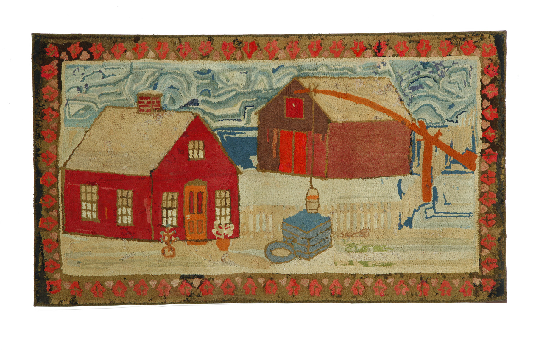 Appraisal: PICTORICAL HOOKED RUG American late th century wool Depicting house