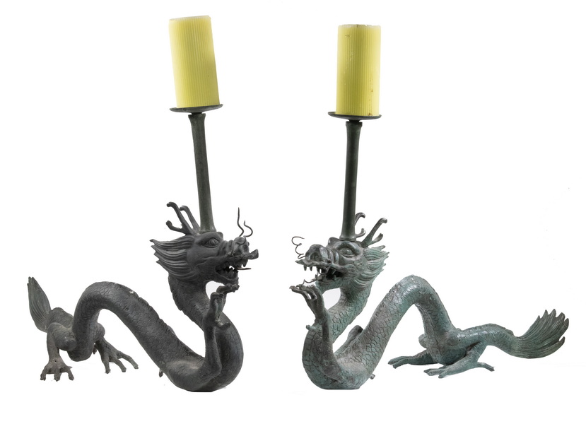 Appraisal: PR BRONZE DRAGON FORM CANDLEHOLDERS Pair of Chinese Bronze Pricket