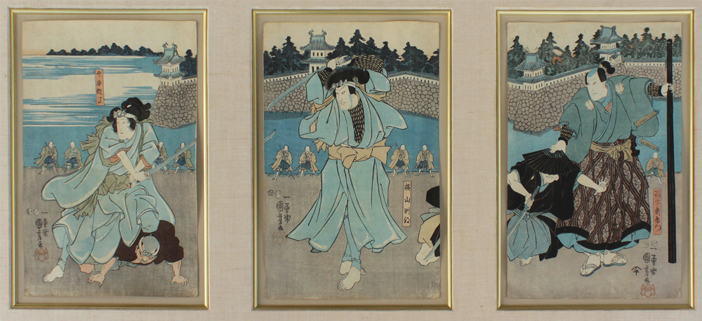 Appraisal: FRAMED JAPANESE WOODBLOCK TRIPYCH KUNIYOSHI Each print measures '' x