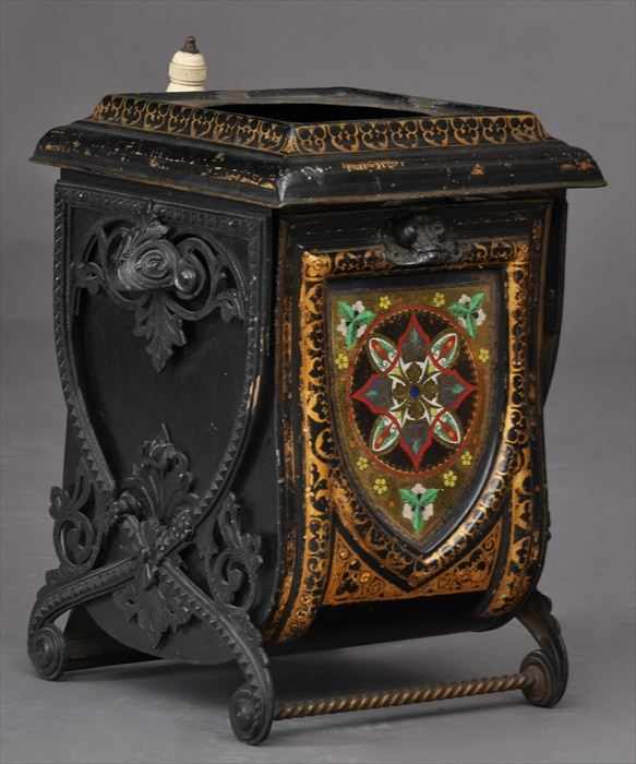 Appraisal: VICTORIAN BLACK-PAINTED TOLE AND VERRE EGLOMISE COAL HOD x x