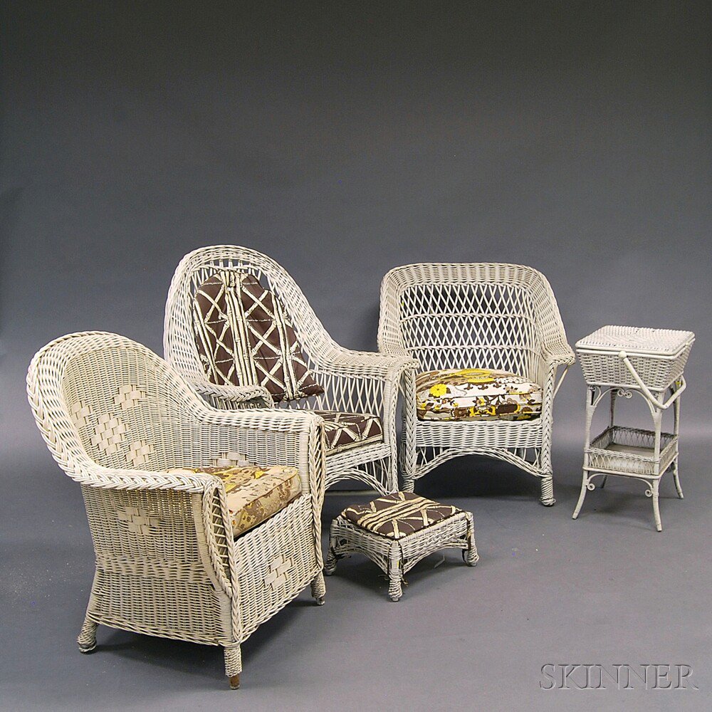 Appraisal: Eleven Pieces of White-painted Wicker Furniture four chairs two stools