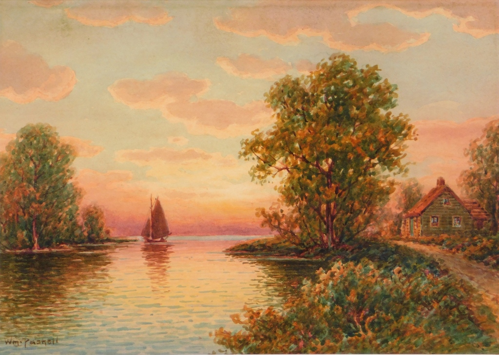 Appraisal: WILLIAM PASKELL SUNSET LANDSCAPE WC PAINTING Massachusetts - Impressionist landscape