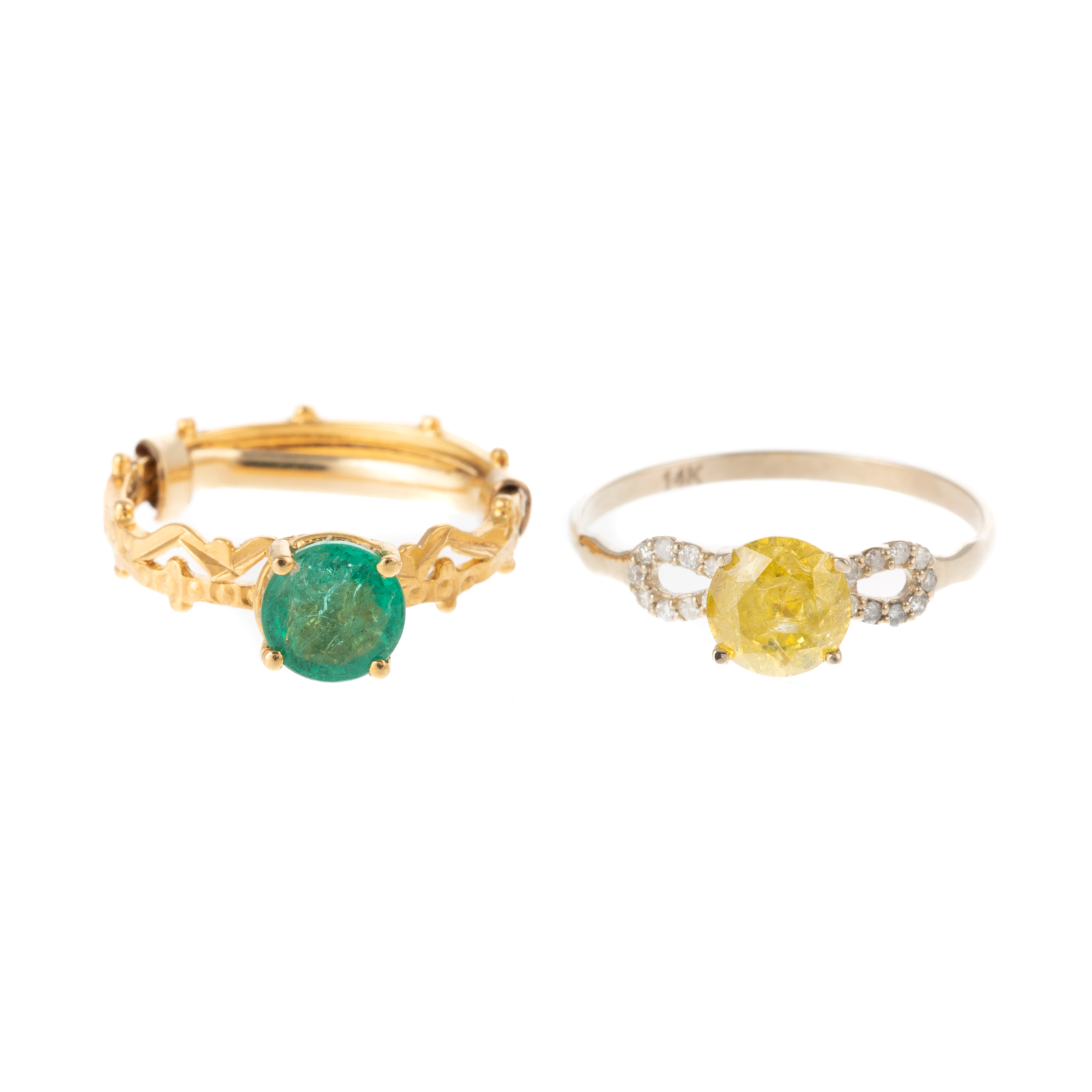 Appraisal: AN K EMERALD RING K YELLOW DIAMOND RING K yellow