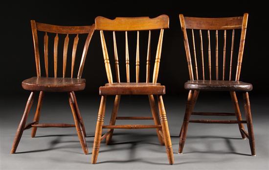 Appraisal: American mixed wood arrow-back side chair and two similar spindle-back