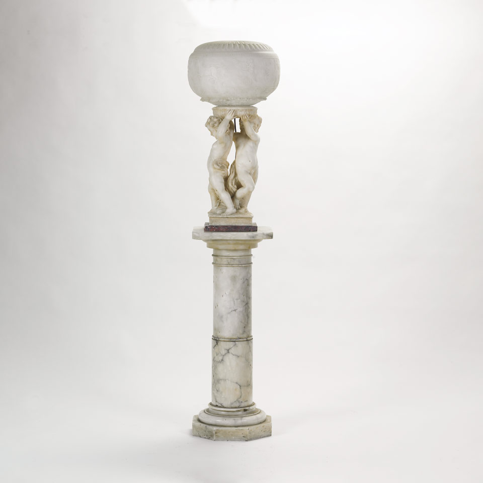 Appraisal: Italian Carved Alabaster Lamp on complementary pedestal base early th