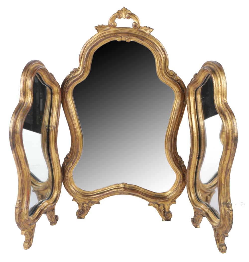 Appraisal: ITALIAN ROCOCO-STYLE GILTWOOD TABLETOP MIRRORcomprising three hinged panels overall inches