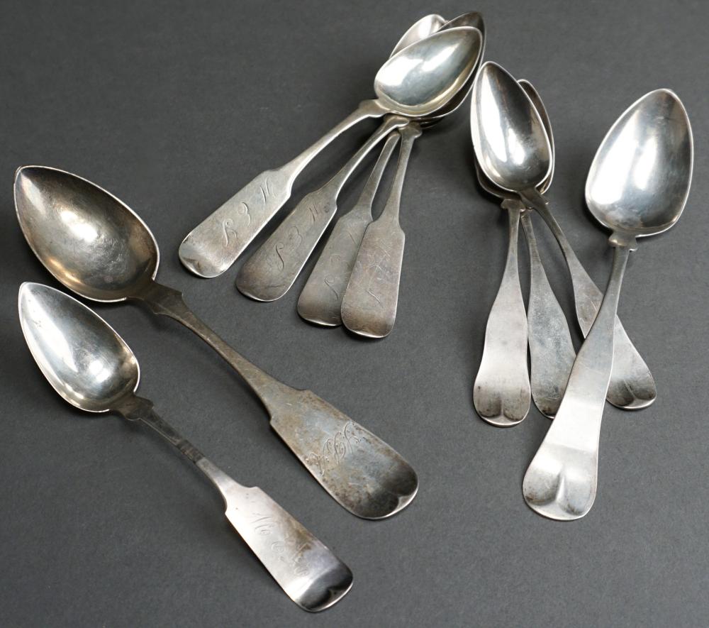 Appraisal: TEN ASSORTED AMERICAN COIN SILVER TEASPOONS PREDOMINANTLY FIDDLEBACK COMBINED OZTen