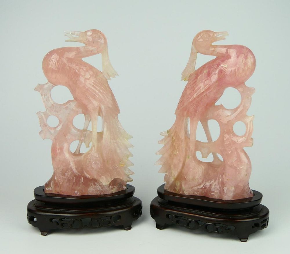 Appraisal: PAIR OF VINTAGE CHINESE ROSE QUARTZ BIRDS PARADISE Each stands