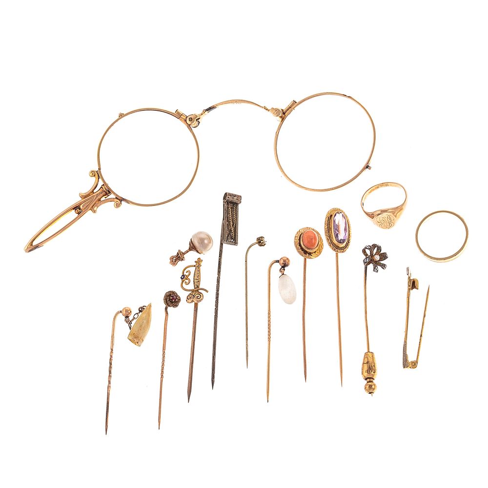 Appraisal: A Collection of Stick Pins Eyeglasses Ring K yellow gold