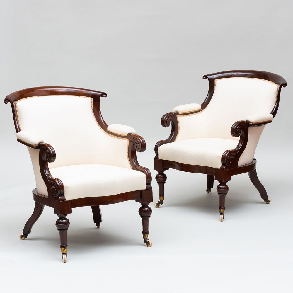 Appraisal: Pair of Victorian Carved Mahogany Tub Chairs Upholstered in Muslin