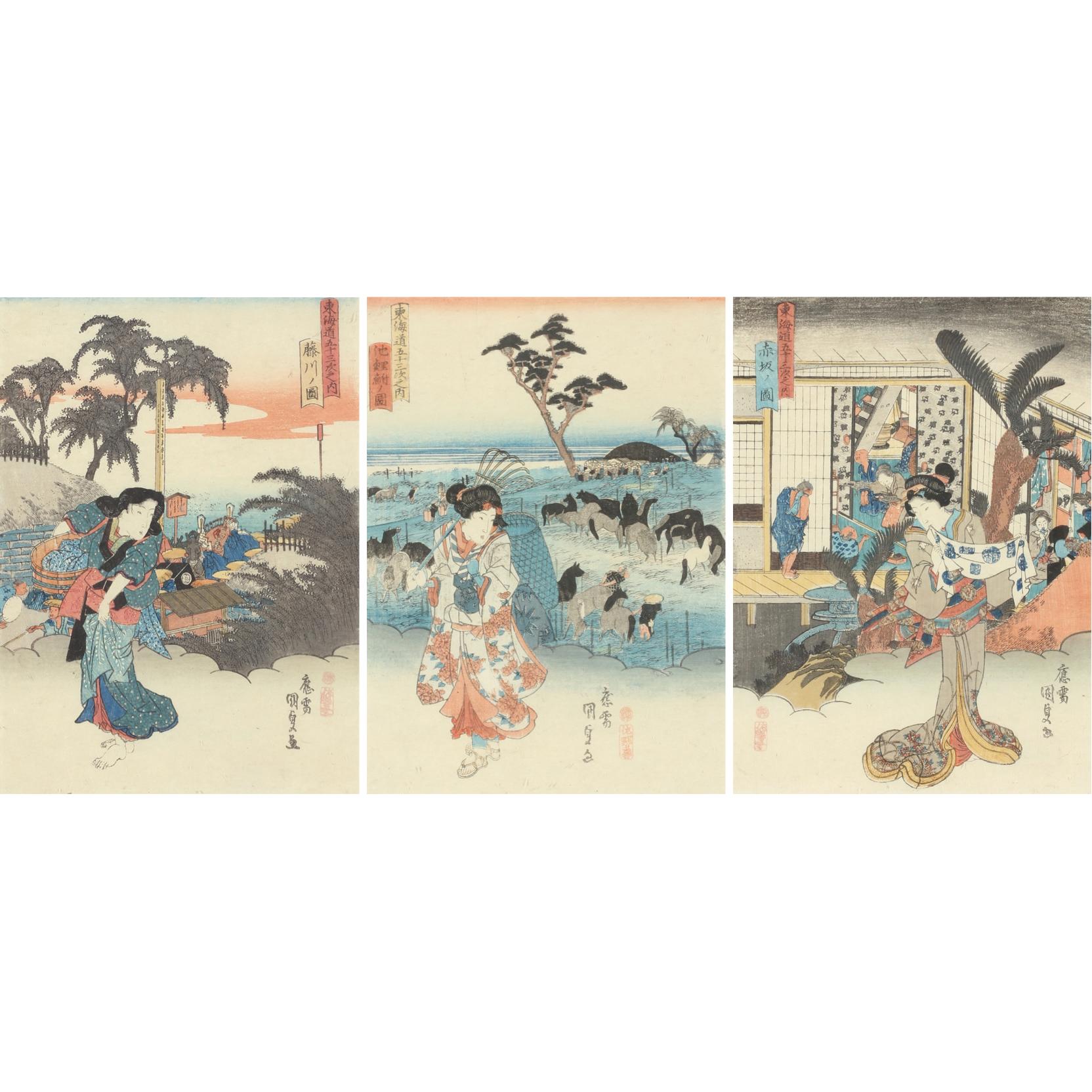 Appraisal: Three Japanese Woodblock by Utagawa Kunisada from the series Stations