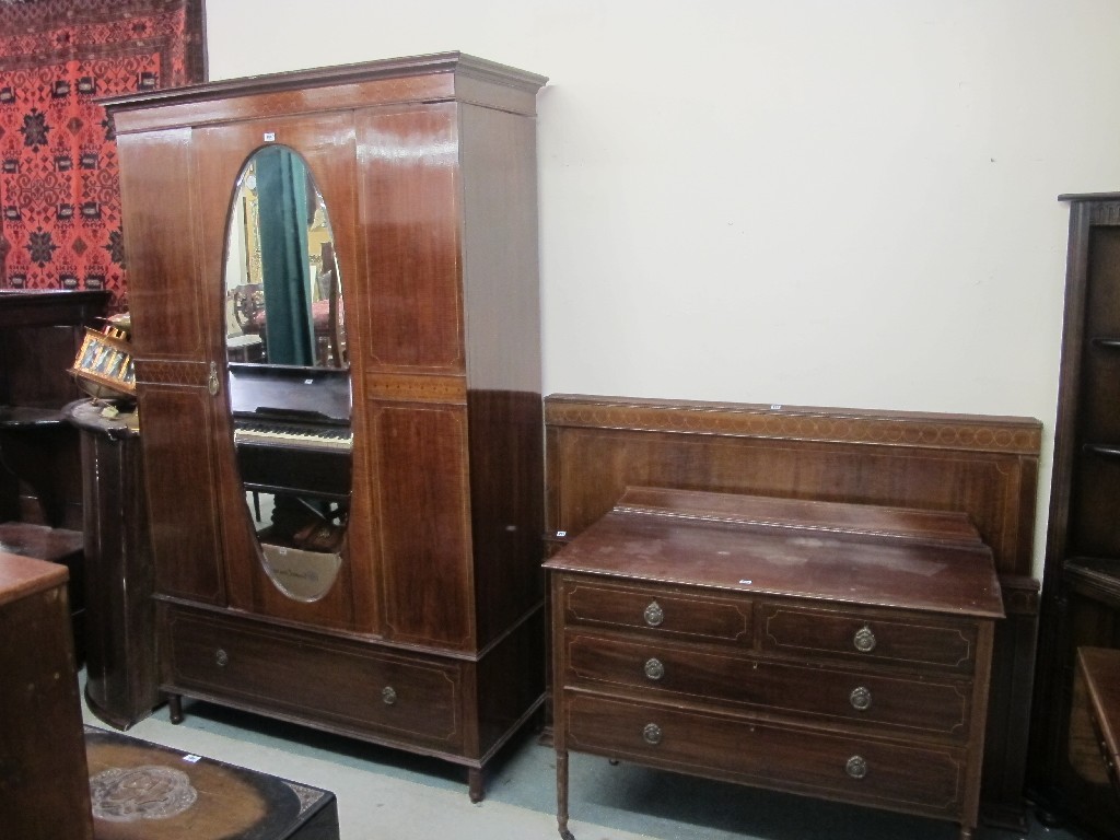 Appraisal: Edwardian mahogany inlaid wardrobe with matching chest of drawers and