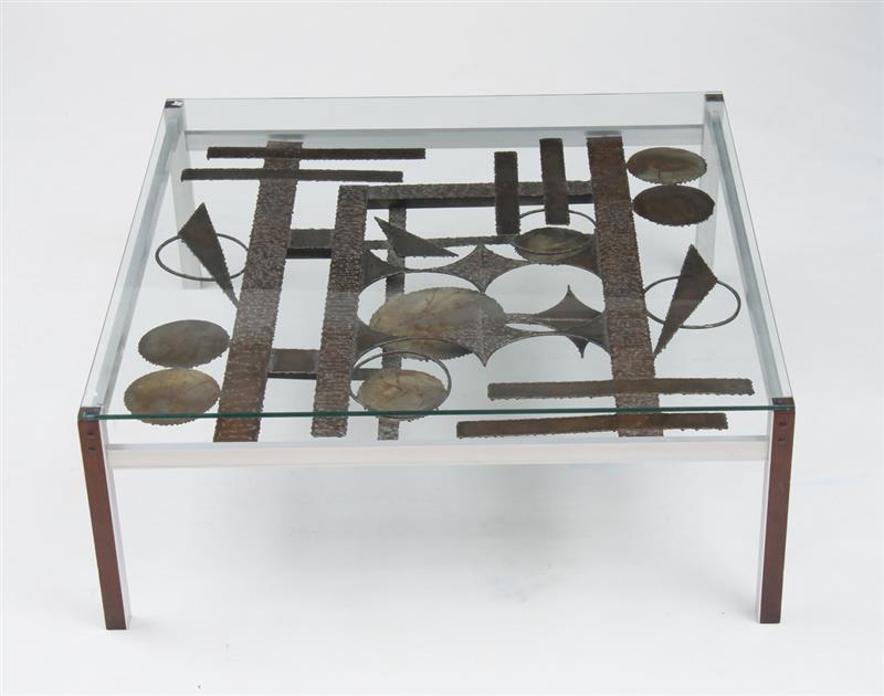 Appraisal: COFFEE TABLE 's Glass sculpted metal aluminum and walnut x