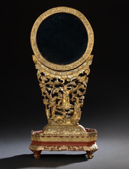 Appraisal: Chinese Giltwood Mirror and Stand the circular mirror set in