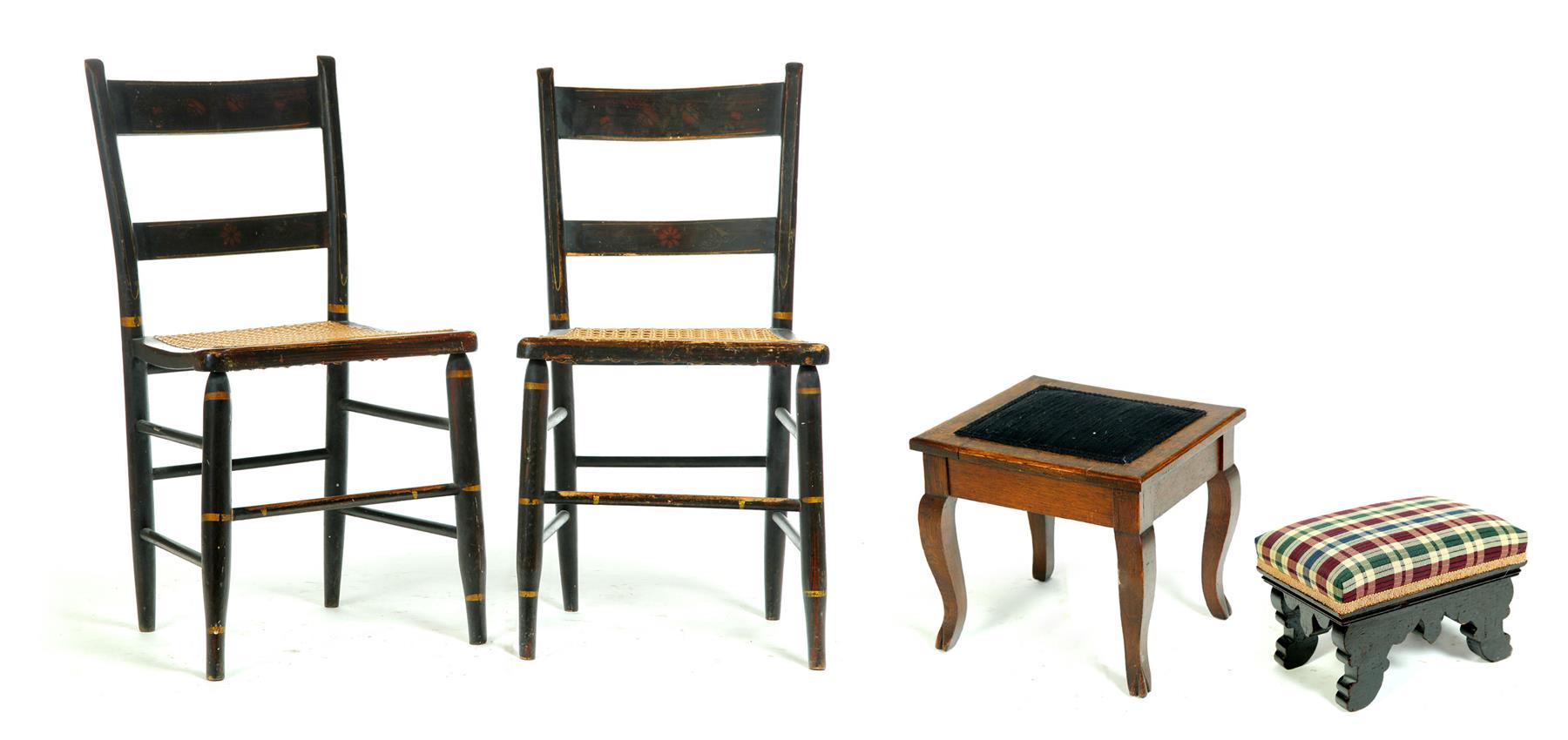 Appraisal: PAIR OF DECORATED CHAIRS AND TWO STOOLS American and English