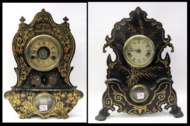 Appraisal: TWO AMERICAN STENCILED IRON FRONT SHELF CLOCKS H Bradley Hubbard