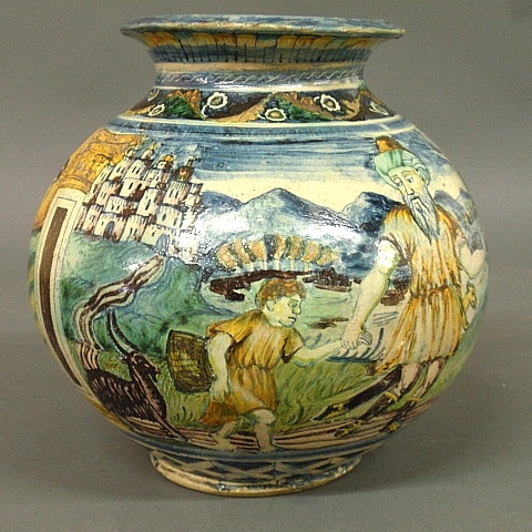 Appraisal: - Italian Majolica oviform albarello th c with biblical scenes