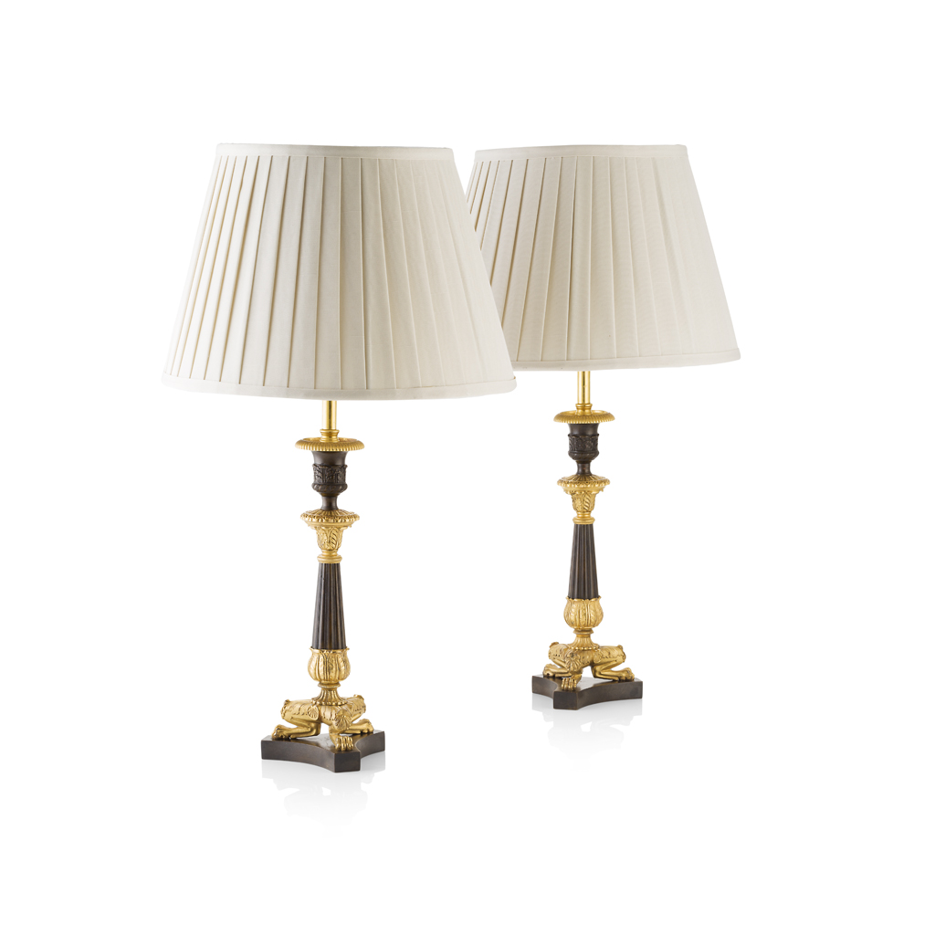 Appraisal: PAIR OF REGENCY PATINATED AND GILT BRONZE TABLE LAMPS EARLY