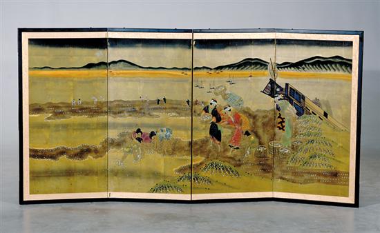 Appraisal: Oriental four-panel folding screen depicting villagers working on the shore