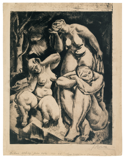 Appraisal: JAN MATULKA Three Nudes in a Landscape Drypoint x mm