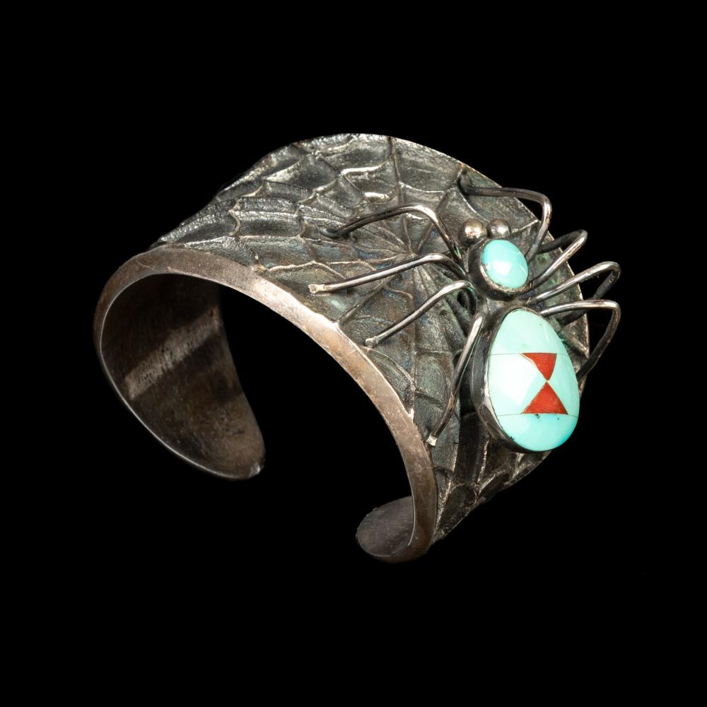 Appraisal: PRESTON MONONGYE TUFA CAST SILVER AND TURQUOISE SPIDER CUFF BRACELETPreston