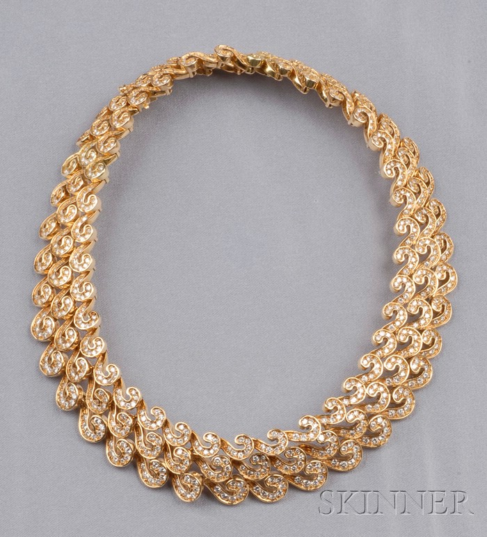 Appraisal: kt Gold and Diamond Necklace the wave motifs set throughout