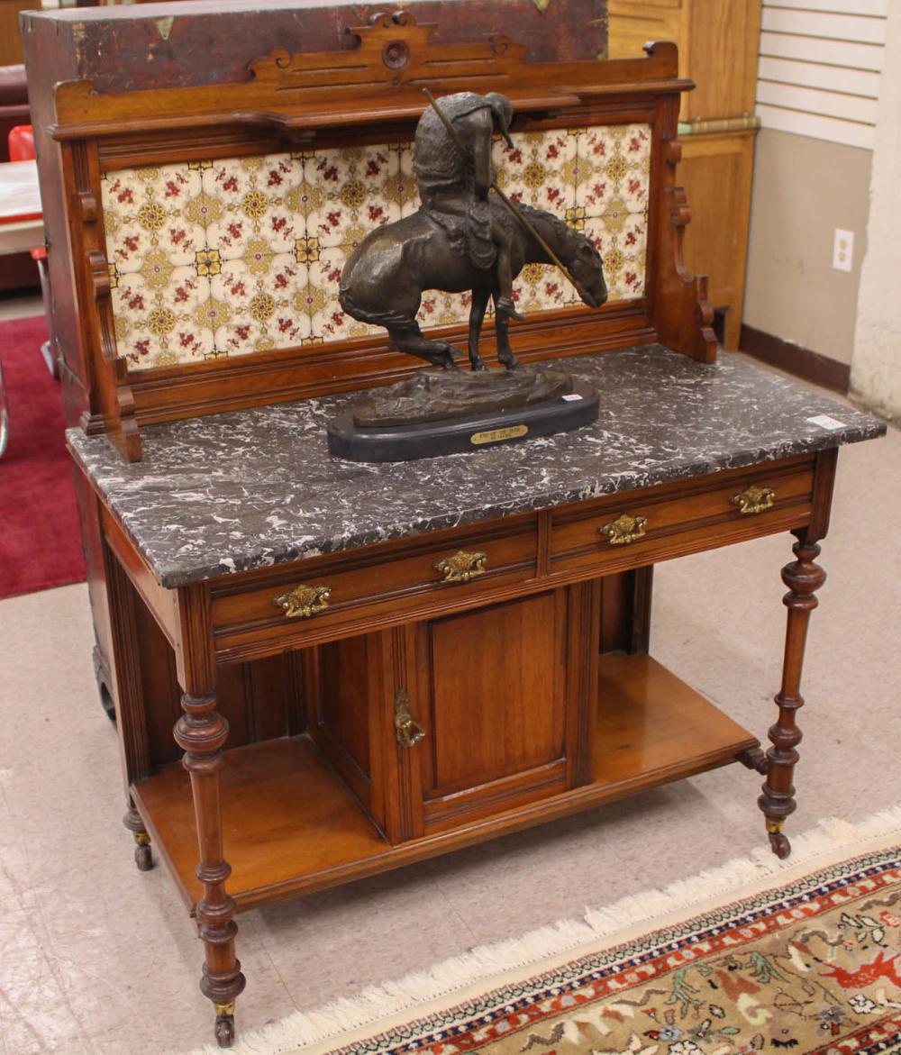 Appraisal: VICTORIAN MARBLE-TOP AND TILE-BACK WALNUT WASHSTAND English late th century