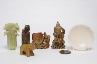 Appraisal: Chinese Hardstone Carvings Group of Asian comprising a kneeling merchant