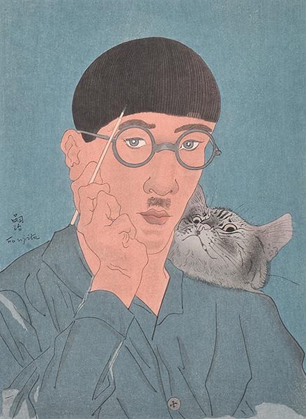 Appraisal: TSUGUHARU FOUJITA Japanese - Self Portrait with a Cat woodblock