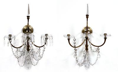 Appraisal: Pair brass and crystal sconces each with three arms brass