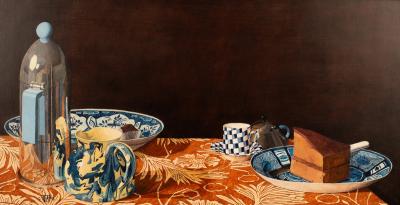 Appraisal: Tom Elliott born Still Life of Delft and Coffee Pot