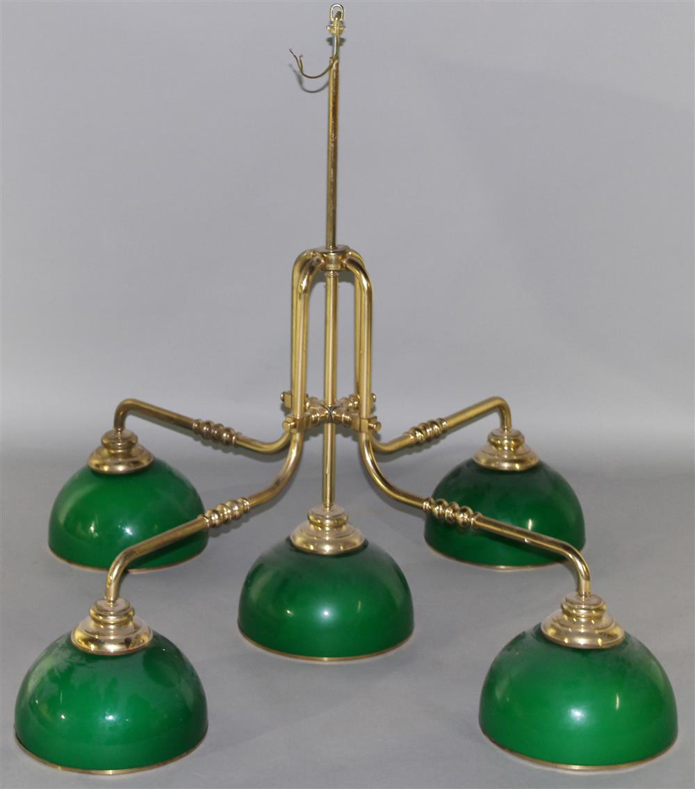 Appraisal: FIVE LIGHT BRASS AND GREEN SHADE CHANDELIER having a central