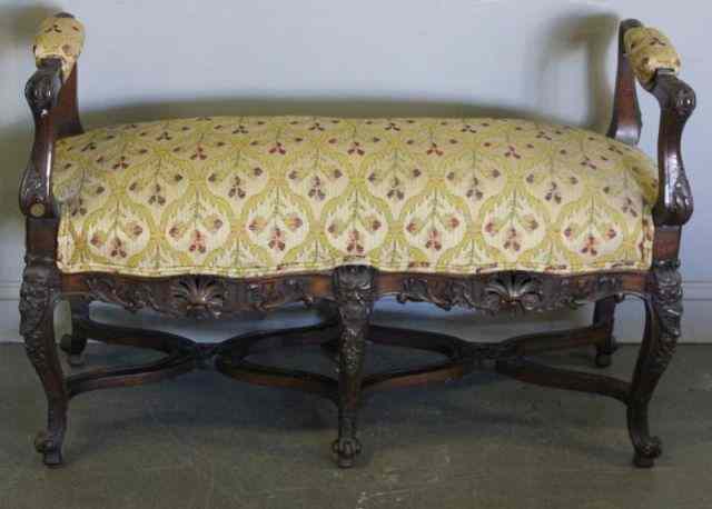 Appraisal: Highly Carved Arm Bench Beautifully carved bench with upholstery and