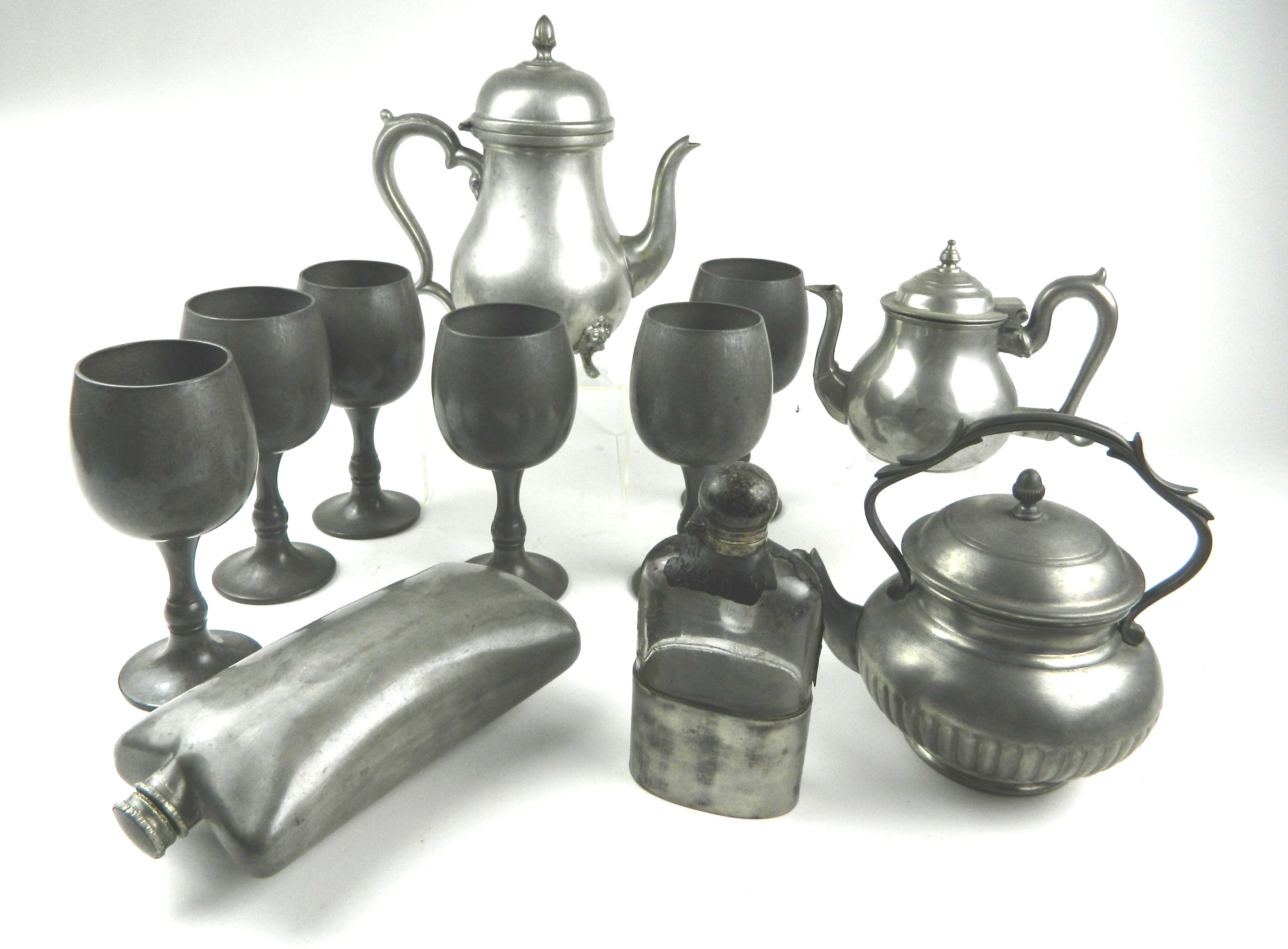 Appraisal: Lot of pewter- coffee pot teapot creamer flasks and goblets