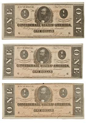 Appraisal: consecutive Confederate notes Type February serial numbers through inclusive choice