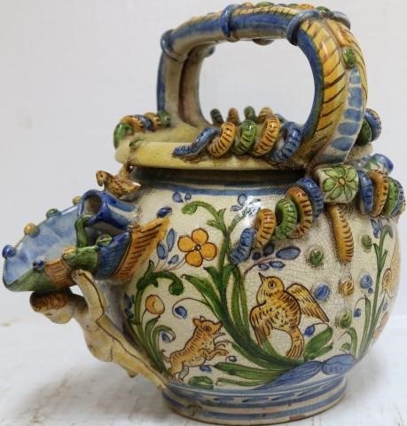 Appraisal: EARLY TH CENTURY ITALIAN FAIENCE POTTERYHANDLED PITCHER WITH BIRDS RABBITS