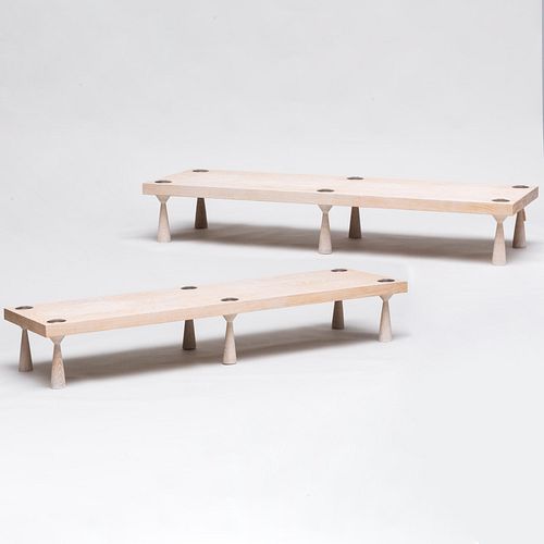 Appraisal: PAIR OF CONTEMPORARY BRONZE-MOUNTED CERUSE OAK LOW TABLES DESIGNED BY