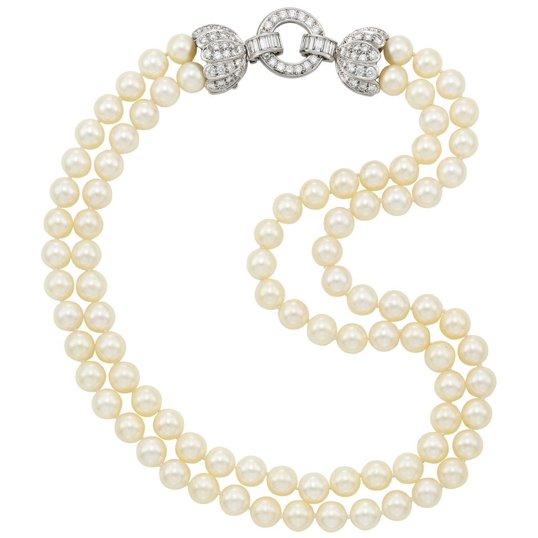 Appraisal: Double Strand Cultured Pearl White Gold and Diamond Necklace Kurt