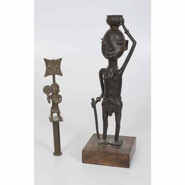 Appraisal: African Lobi Figure and Yoruba Shango Bronze Staff lot of