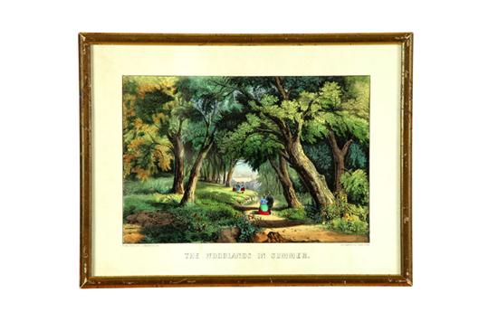 Appraisal: WOODLANDS IN SUMMER BY CURRIER IVES Handcolored lithograph on paper