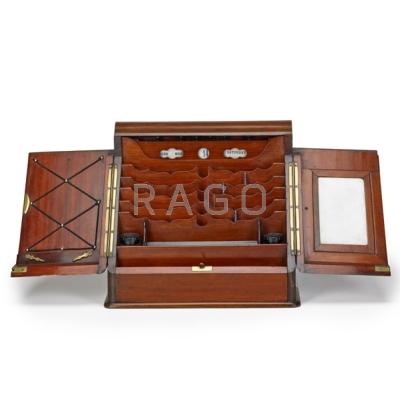 Appraisal: ENGLISH SLANT LID LETTER BOX Mahogany with calendar inkwells and