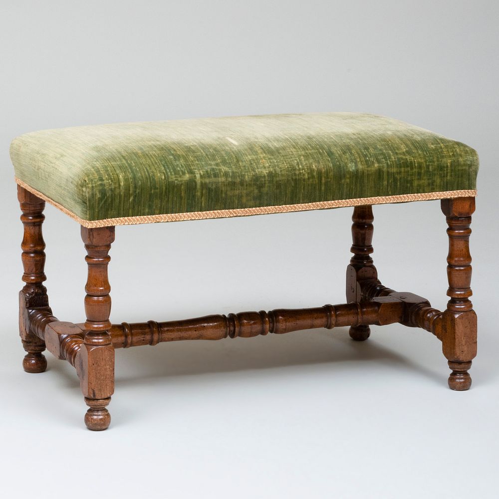 Appraisal: William and Mary Style Walnut and Upholstered Bench Upholstered in