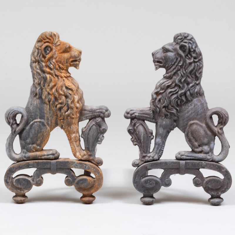 Appraisal: PAIR OF DEMI RAMPANT WROUGHT-IRON LION FORM ANDIRONS x x